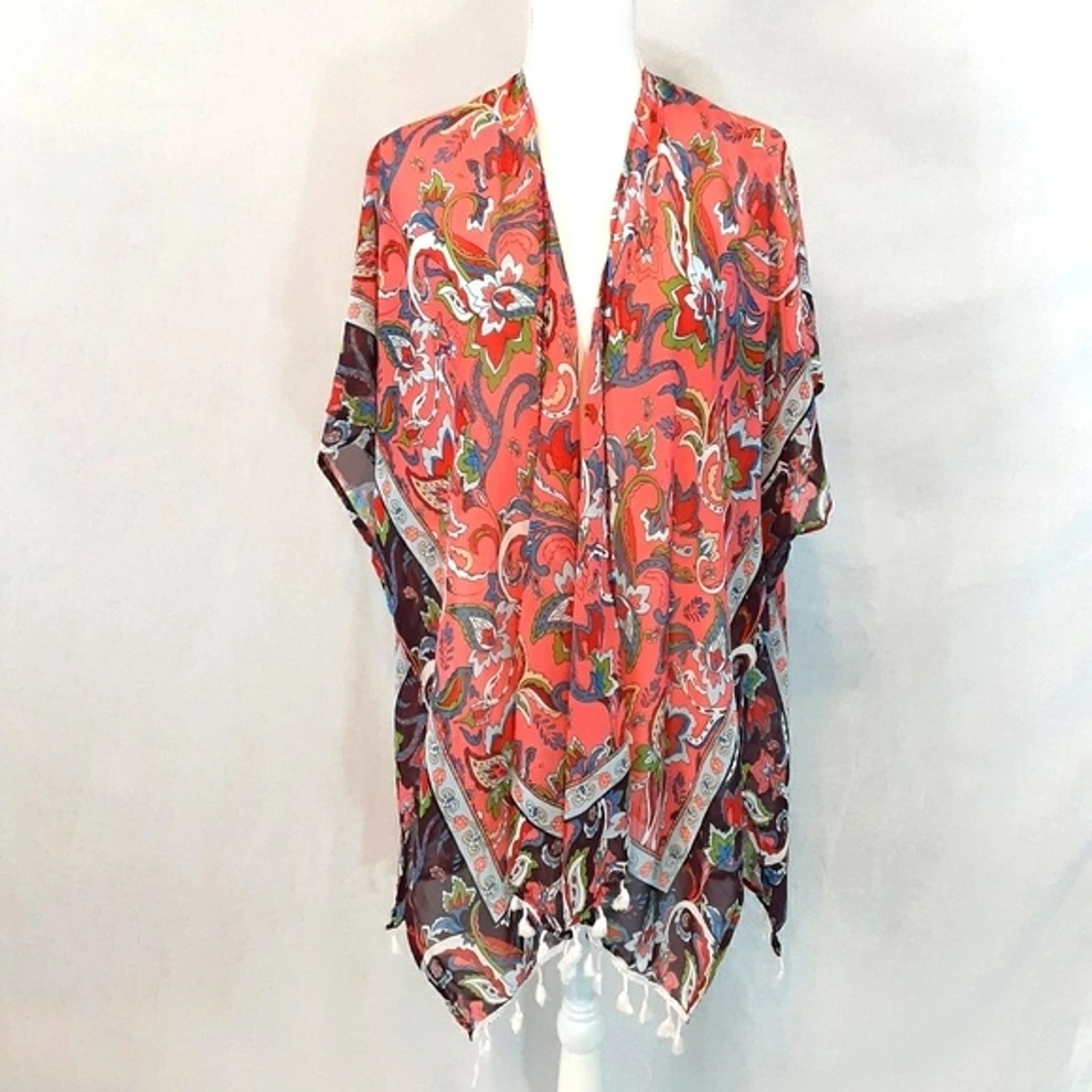 Boho Paisley Kaftan Cover Up Top OS Women's Summer Beach Poncho Coral Tunic Top