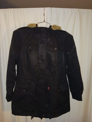 Levi's Strauss Black Sherpa Lined Jacket with Faux Fur Hood Trim Size S