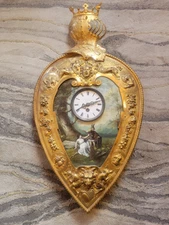 Rare Antique French Hand Painted Scenic Knight Shield Armour Wall Clock Brass