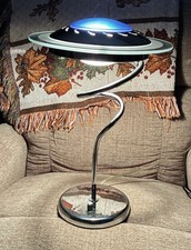 Vintage Post Modern Saucer Shape UFO 18in Table Lamp Chrome w/ Blue Top Tested
