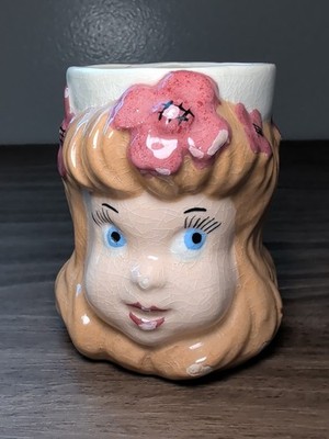 Vintage Girl Face Mug Pink Flowers Figural Cup Japan Style Kitschy Cute