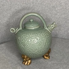 Celadon Footed Dragon Teapot Asian Ceramic Kettle Green Gold Tea Pot Decor WCL