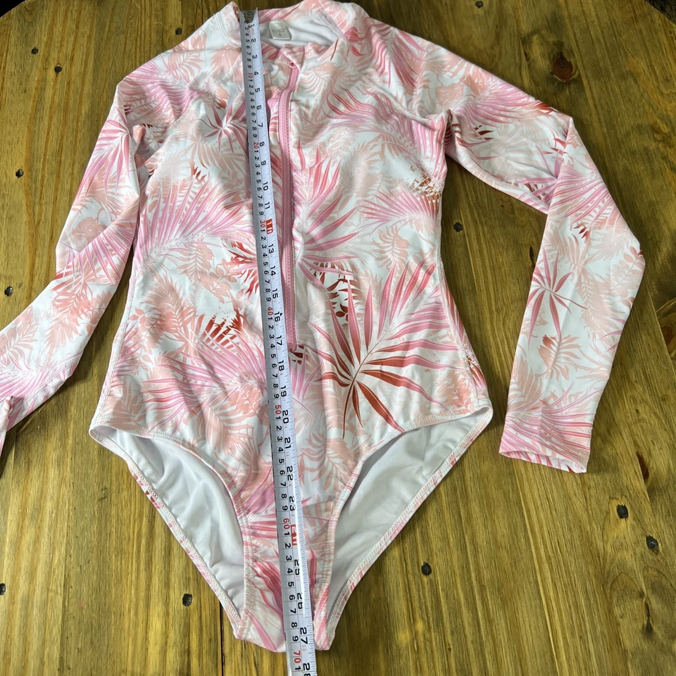 Женский купальник с длинным рукавом защита от сыпи цельный защита от ультрафиолета розовые листья S - Изображение 2 из 4