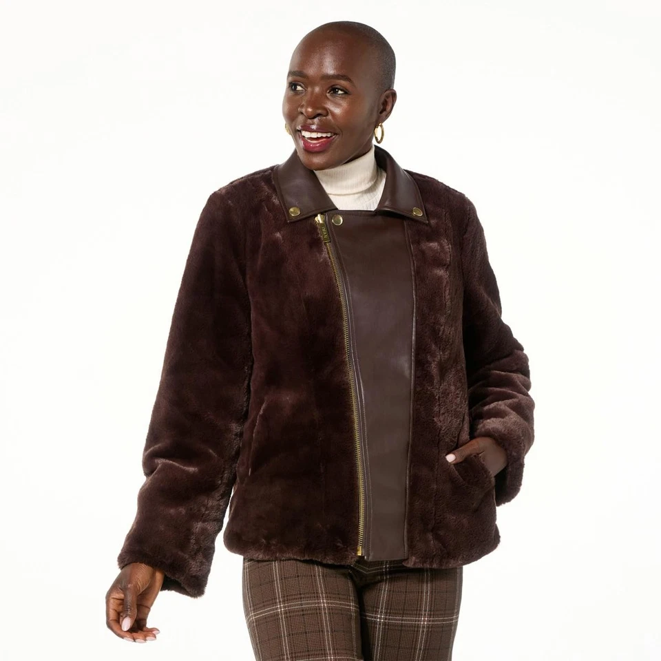 Jaqueta espresso Iman Global Chic reversível pele sintética para couro sintético GG nova - Imagem 2 de 2