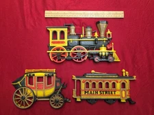 3 Homco Western Theme Train Stagecoach Decor Plaque Wall Hangers 1975 USA Homeco