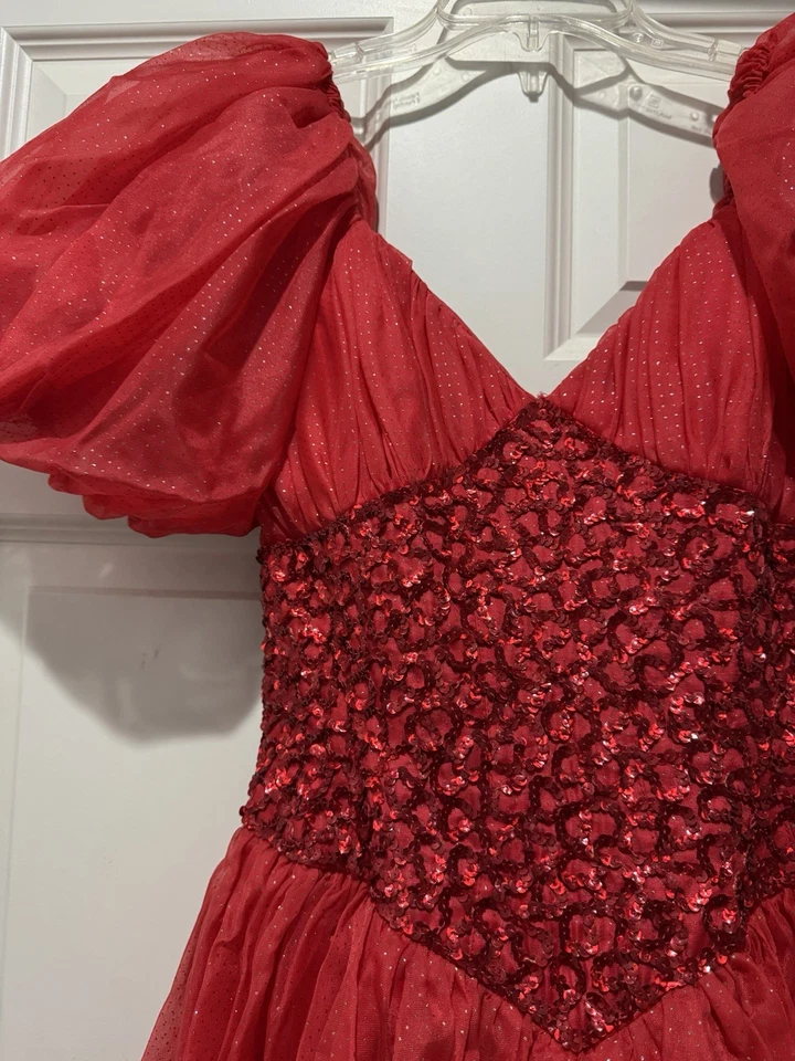80’s Mike Benet Prom Dress Red Poof Sleeve Sequined Bodice, Metallic Swiss Dot - Image 2 of 4