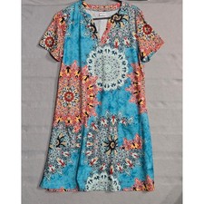 Boho Blue Mandala Print V-Neck Short Sleeve Pocket T-Shirt Dress Medium Resort