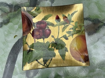 Scott Potter Red Roses Pomegranate Gold Gilded Glass Tray