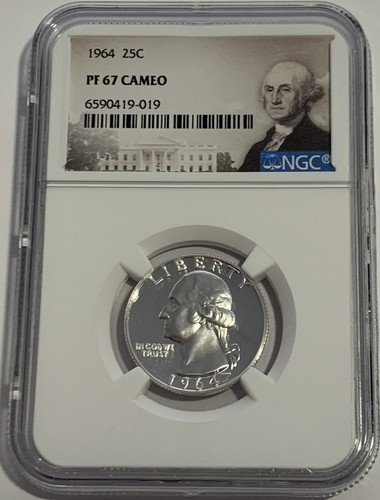 1964 NGC PF67 CAMEO 90% SILVER PROOF WASHINGTON QUARTER 25c PORTRAIT LABEL - Picture 3 of 3