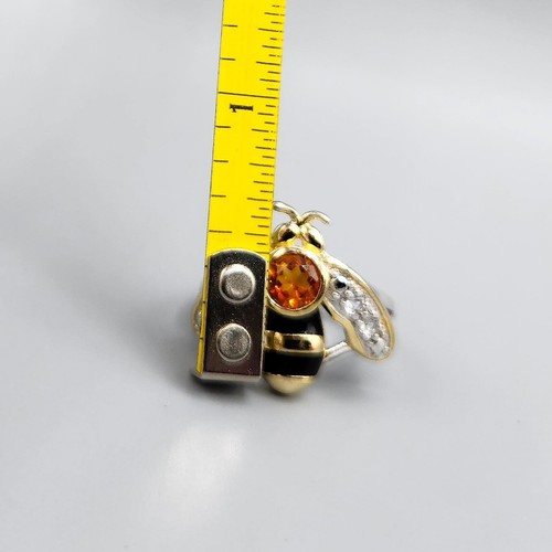 Signed Gold Plated Sterling Silver Citrine Enamel Bee Ring Sz 5.25 4g - Picture 6 of 13
