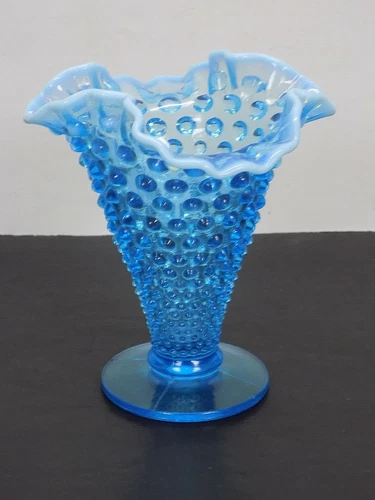 Fenton Blue Opalescent Glass Hobnail 5-3/4" Tall Trumpet Vase w/ Crimped Rim  **