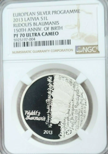 2013 LATVIA SILVER 1 LATS RUDOLFS BLAUMANIS ANNIVERSARY NGC PF 70 ULTRA CAMEO