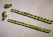 2 Pair Nephrite Spinach Natural Jade Vintage Chinese Chopsticks+bracket