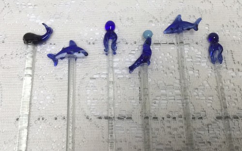 6 Swizzle Sticks Blown Glass Sea Life Cobalt Beach Nautical Fish Octopus Whale + - Bild 13 von 14