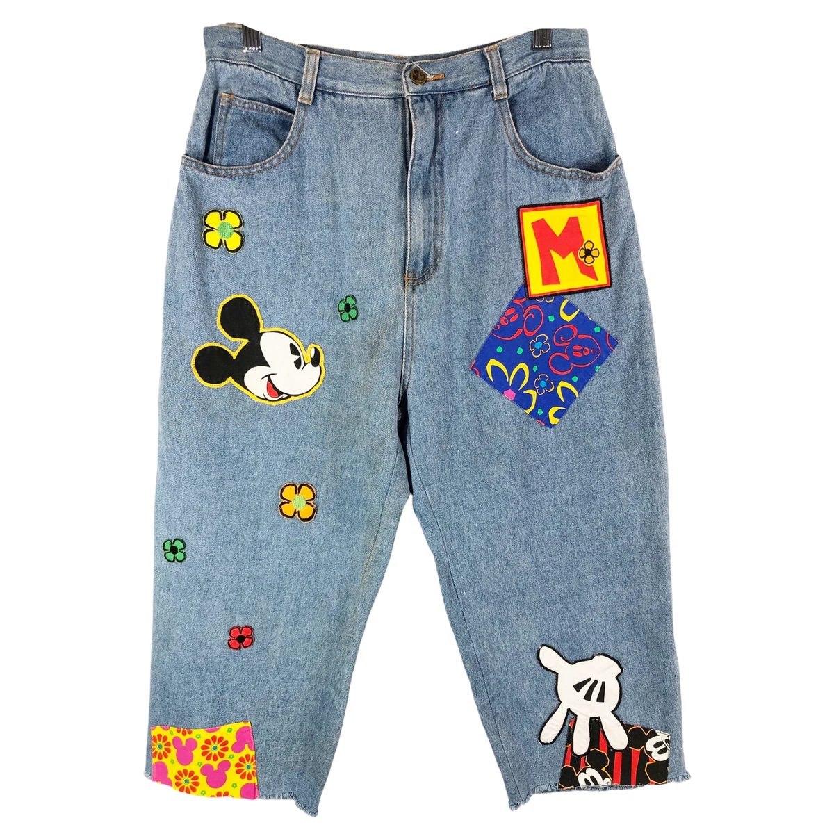 VTG 80s Mickey Mouse Co Jeans Patches All Over Print Size 13 14 Denim Disney 171
