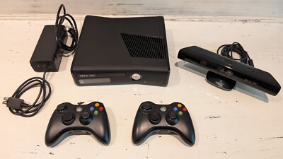  XBOX 360 S 4GB Console Black w/Box & Kinect w/Box + 2 Controllers & 17 Games 