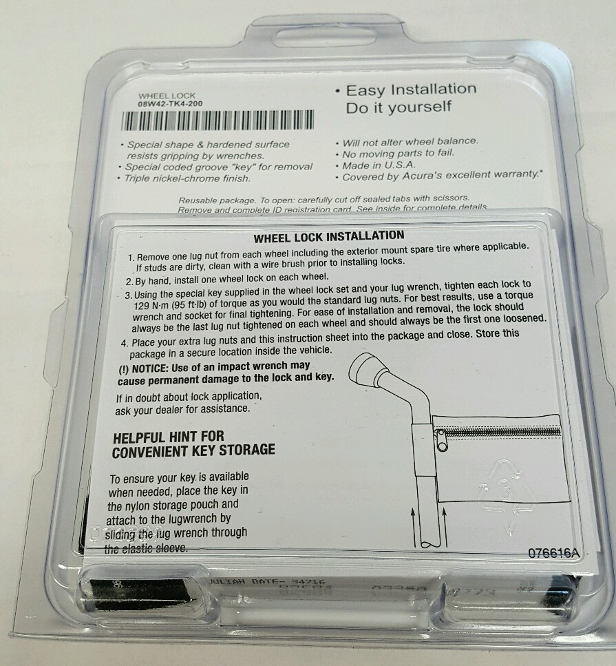 08W42-TK4-200 OEM ACURA WHEEL LOCK & KEY SET 12-17 MDX 14-17 RLX