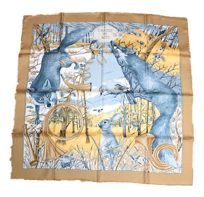 Hermes Scarf Chasse au bois 90 cm silk beige brown Carre fox