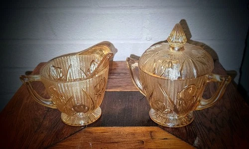 Jeannette Iris & Herringbone Marigold Carnival Glass Creamer & Sugar Bowl