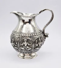 FINE INDIAN SOLID SILVER DEITIES CREAM / MILK JUG c1900