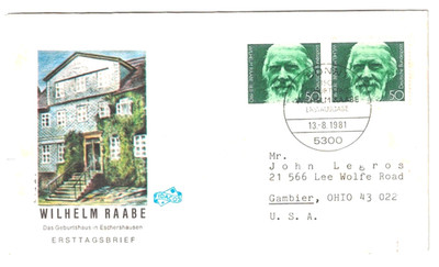 1981 FDC WILHELM RAABE BONN GERMANY/GAMBIER OHIO USA FIDACOS CACHET