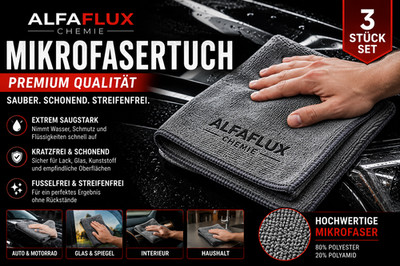 ALFAFLUX Mikrofasertücher 3er Set 40x40 cm 300 GSM Auto Werkstatt Reinigungstuch