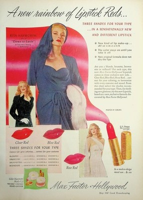 Original 1947 Vintage Print Ad: A New Rainbow of Lipstick Reds, Max Factor