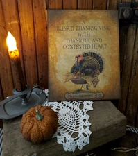 OLD FOLK COLONIAL PRIMITIVE VINTAGE STYLE THANKSGIVING JOY THANKFUL TURKEY SIGN