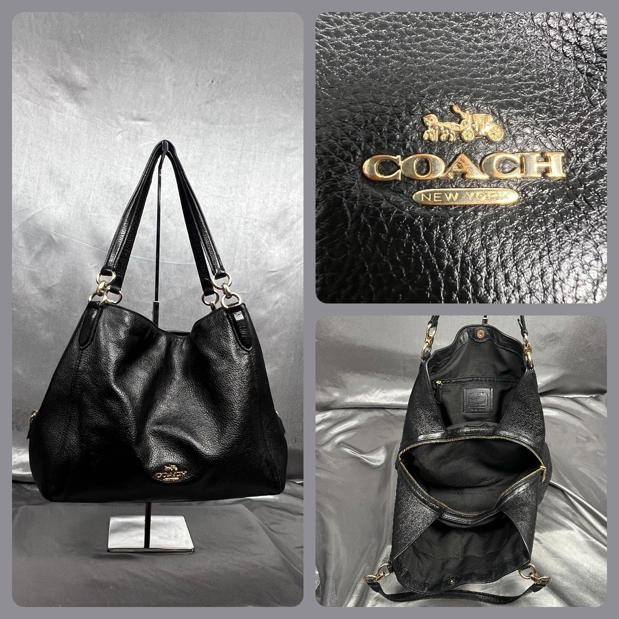 Coach Hallie Black Pebbled Leather Shoulder Hobo Bag F80268 Gold Hardware 3 Comp