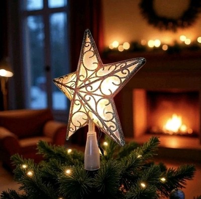 Silver Glitter Star Tree Topper Holographic 9.5 