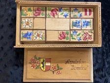 Unique Antique 1920s  Artisan Dominoes Set Hand painted Pieces, & Wood Case