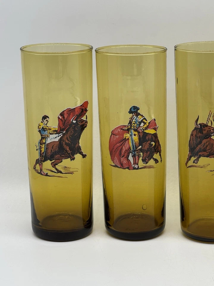 Juego de seis vasos altos ámbar soplado a mano matador taurino vintage barware, Foto 3 de 4