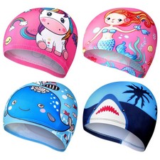 4 Pcs Kids Swim Caps Boys Girls Toddler Age 2-12 Breathable Elastic Hat