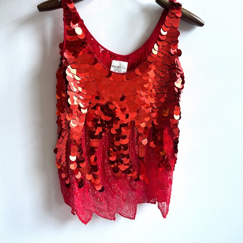 Vintage 80s 90s Ruby Red Beaded Sequin Disco Top Sz M 8 10 12 Evening Glam - Picture 6 of 8