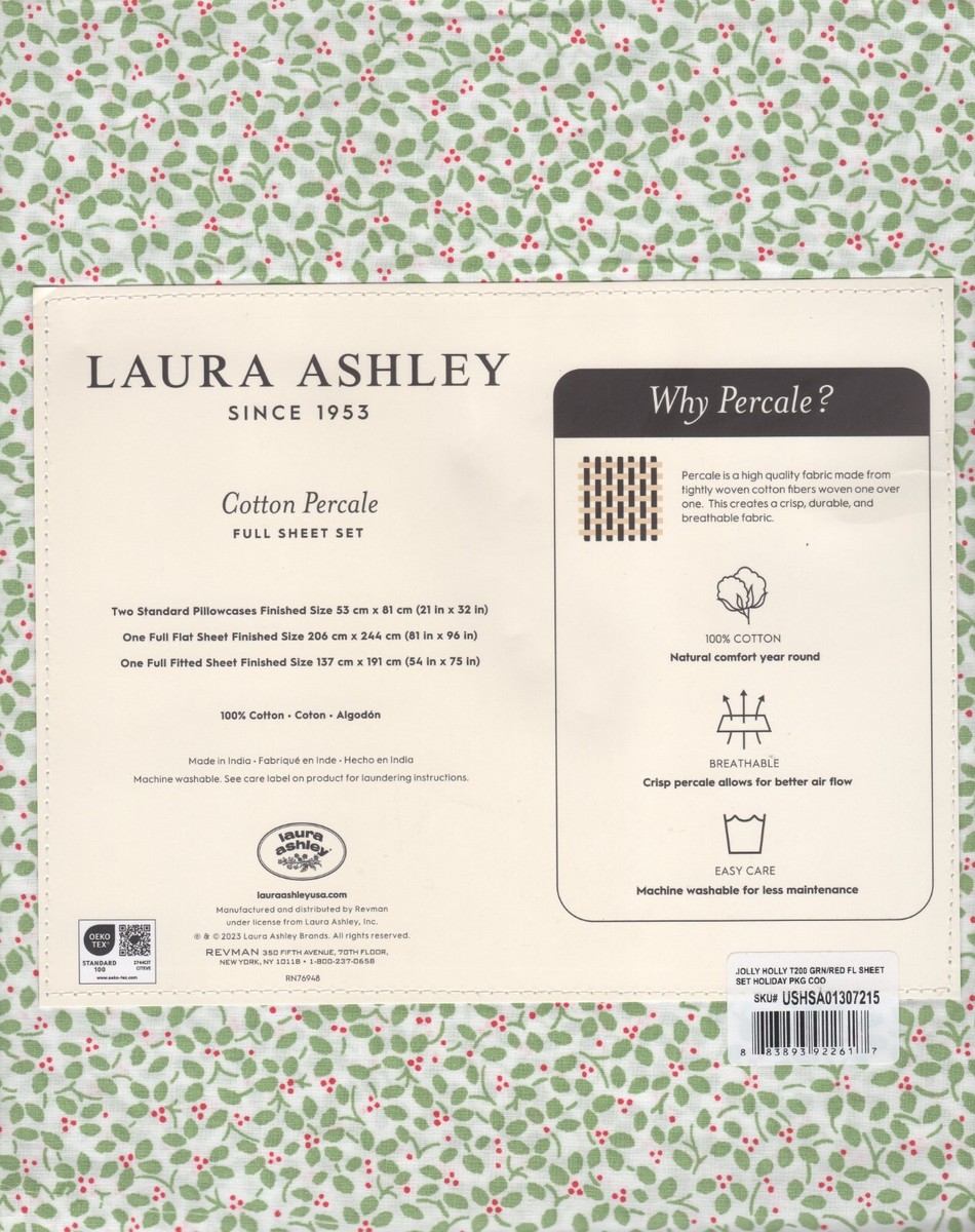 Laura Ashley Full Sheet Set Jolly Holly Green 4pc Cottage Holiday