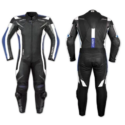 Combinaison Moto 2 Pc Cuir Protections Renfort Dorsal Doublure Stretch Bleu - Photo 1/3