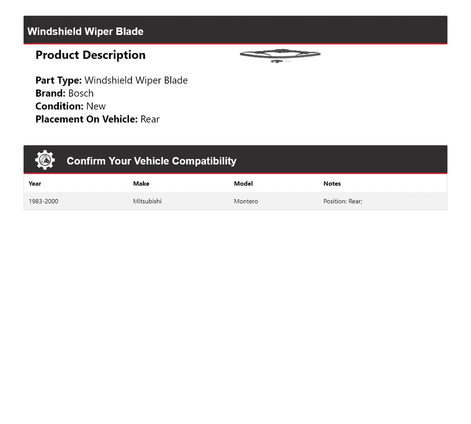 For 1983-2000 Mitsubishi Montero Bosch Windshield Wiper Blade Excel+ Rear 1984 - Image 2 of 3