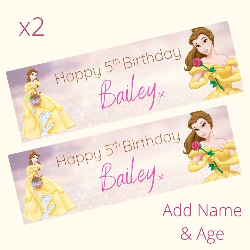MADVINYL 2 x Personalised Disney Princess Belle Birthday Banner LARGE Kids Party Poster