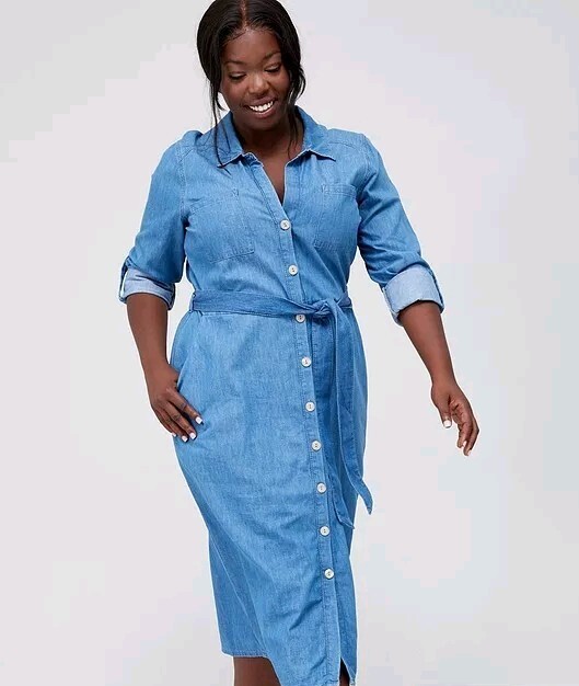 V By Very Denim Midi Dress Long Sleeve Button Up Belted Mid Wash - Main Image