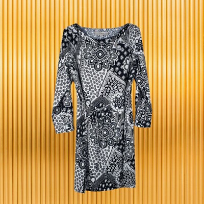 Ann Taylor LOFT Small Petite Black White Sheath Dress Long Sleeve Waist  Tie