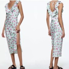 Zara  Floral Print Satin Midi Dress  Ruffle Trims V Neck Slip Dress  size M