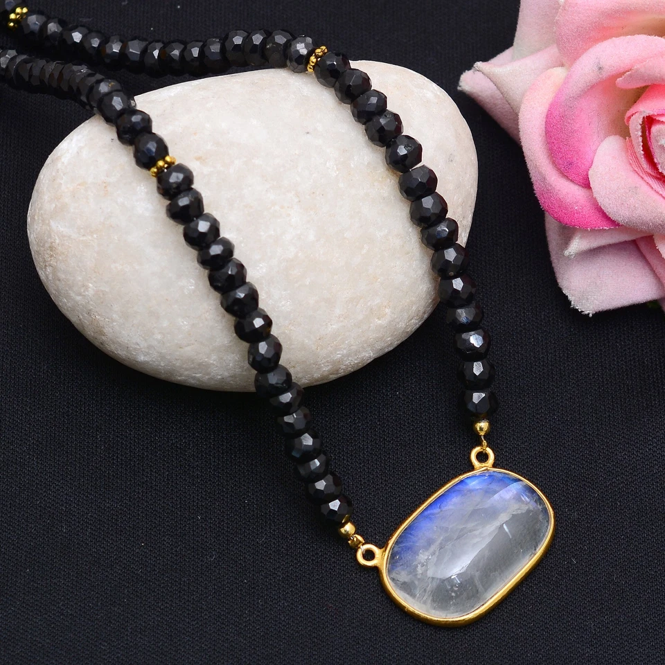 Collar de cuentas de espinela negra, collar de espinela, collar de piedra lunar, cuentas de piedra lunar Foto 2 de 4