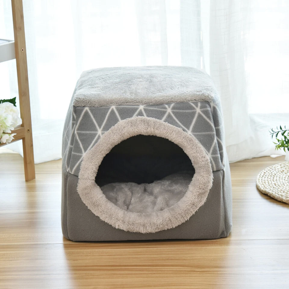Pet Cat Dog Nest Bed Puppy Soft Warm Cave House Mat Pad Kennel Igloo Gray Black - Image 4 of 4