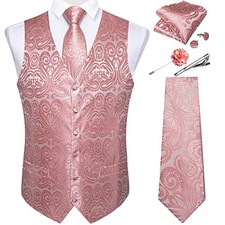 Mens Vest and Tie Set Formal Paisley Waistcoat and XX-Large Pink Paisley