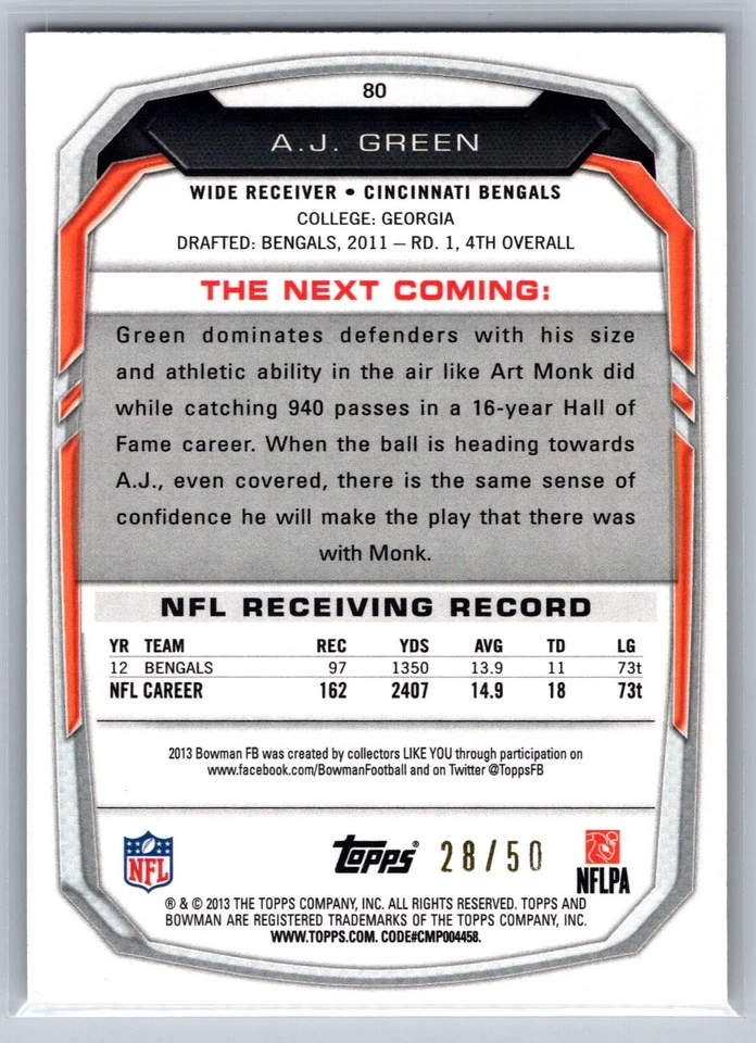 A.J. Green 2013 Bowman Orange /50 #80 - Image 2 of 2