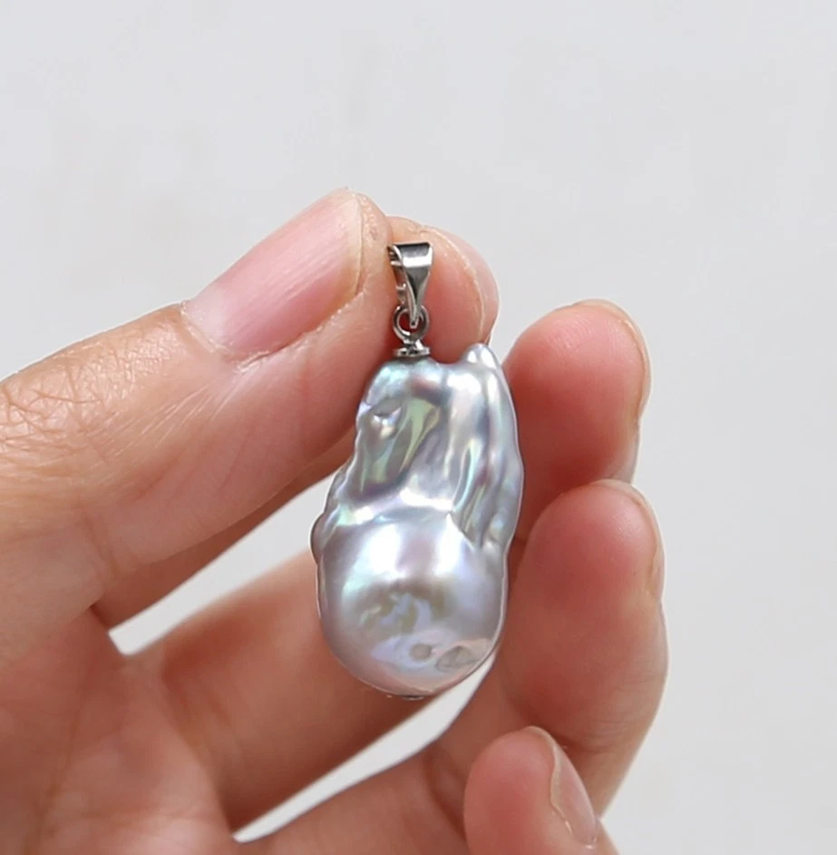 Collar con correa de cuero colgante de perlas barrocas grises de 25 mm 18 pulgadas regalo Foto 2 de 3