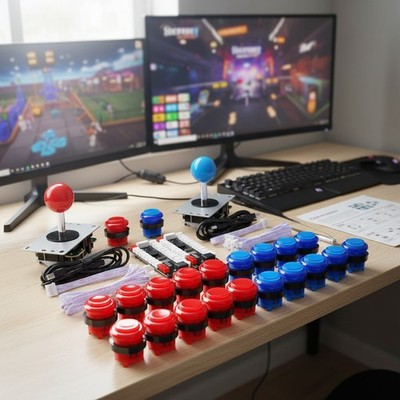 DIY Arcade Game Controller Kit: 2 Joysticks + 20 LED Buttons, Red/Blue