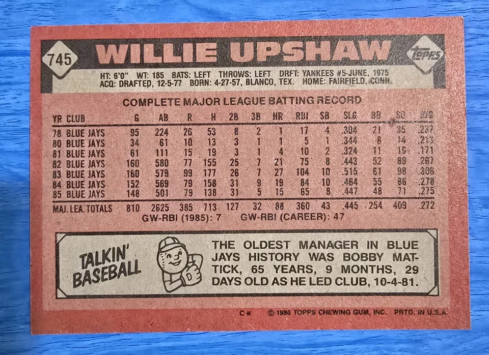 Willie Upshaw 1986 Topps BASEBALL #745 Toronto Blue Jays - Image 2 of 2