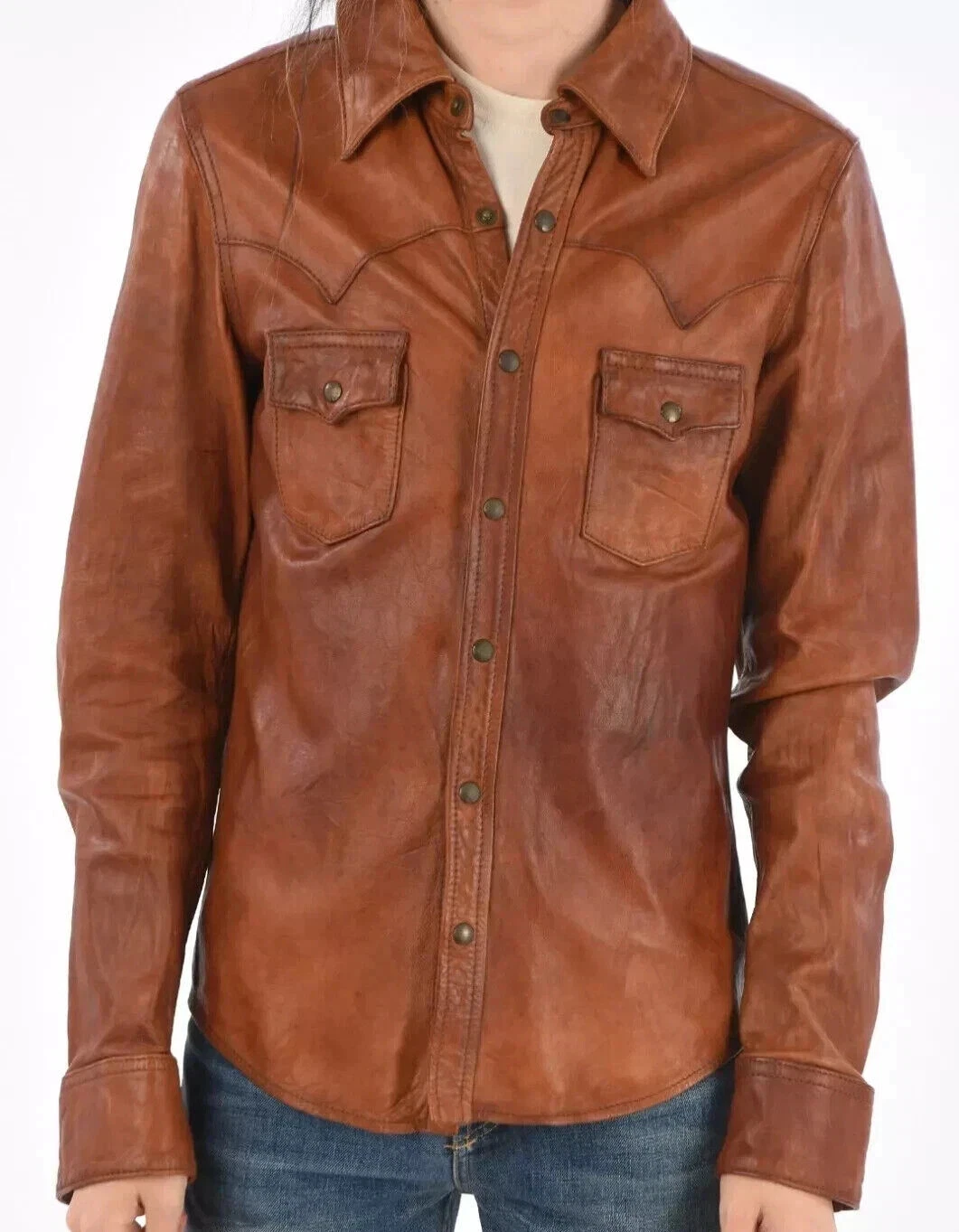 Men’s Brown Leather Shirt Real Lambskin Soft Slim Fit Style Bold Looks Shirts