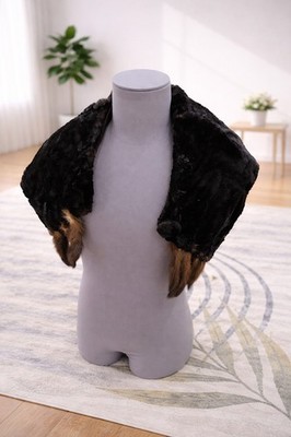C & E Furs Chicago Vintage Black Fur Shawl Wrap with Satin Lining and Fur Trim